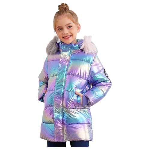 Kids Girls Metallic Hooded Puffer Jacket Long Coat Winter Warm Casual Padded Outerwear with Pockets