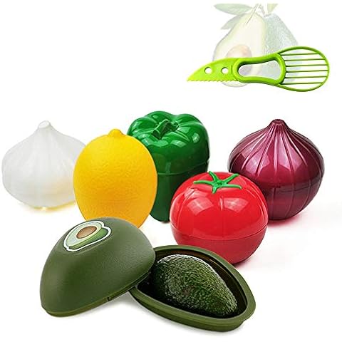 Classic Lebensmittel Savers, Set 6 - Gemüse geformte Protektoren - Avocado, Zwiebel, Pfeffer, Knoblauch, Zitrone, Tomate- wiederverwendbar Harte Kunststoff Container Schale Cover