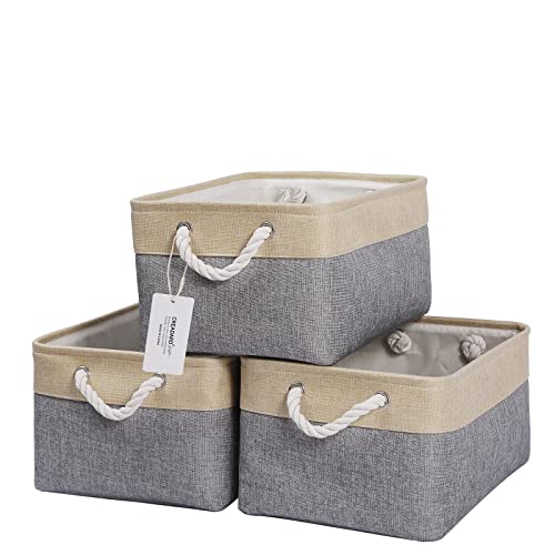 CREADARD Fabric Storage Basket Set of 3, Foldable Linen Storage Box for Nursery and Home, Collapsible Canvas Shelf Basket for Wardrobe or Bedroom, Grey and Beige