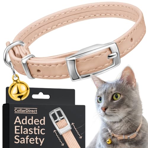 Image of CollarDirect Leather Cat Collar, Animal Collar with Elastic Safety Strap and Bell for Boy, Girl, Kitten (Neck Fit 9 inch-11 inch, Beige)