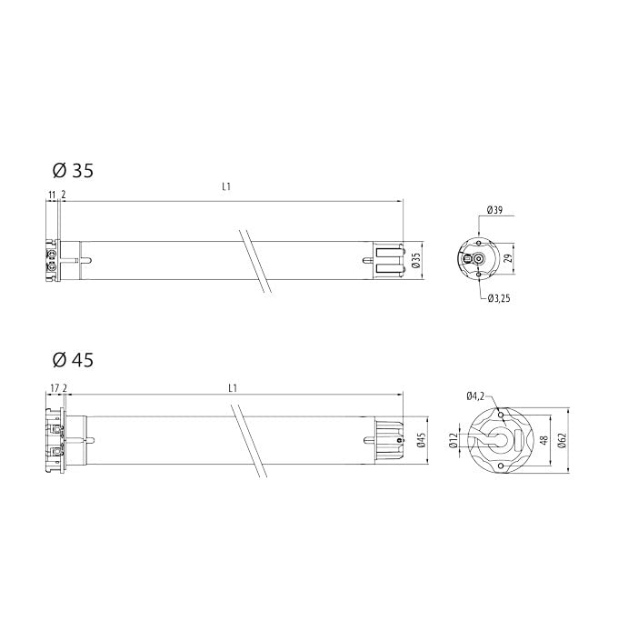 Cherubini Rohrmotor Roll Ø45 versch. Modelle + Adapter u. Mitnehmer SW60 + Lager (30 Nm / 17 rpm)
