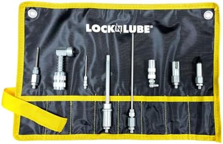LockNLube 8-Piece Quick Connect Greasing Accessory Kit. Complete grease fitting connection kit. Reach any grease fitting on any machine. The rip-stop case keeps tools clean and portable.