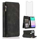 Asuwish Compatible with OUKITEL C22 Wallet Case Tempered Glass Screen Protector and Zipper Retro Leather Flip Cover Card Holder Stand Cell Accessories for C 22 5.86 inch Women Men Black