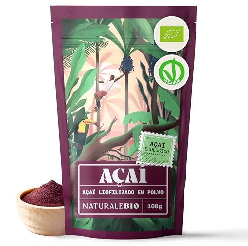 NaturaleBio Bayas de Acai Orgánico en Polvo - Freeze-Dried - 100g. Pure Acaí Berry Powder Extracto crudo de la pulpa de la baya de açaí liofilizado. Bio cultivado en Brasil. Superalimento Ecológico.