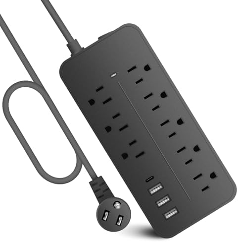 Extension Cord Surge Protector Power Strip - Flat Plug Braided Power Bar with 8 Widely Outlets and 4 USB Ports(1 USB C), Multi Plug Wall Mount Desk USB Charging Station for Home Office