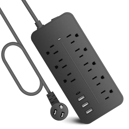 Extensión eléctrica Romatico Black-08 con protector de sobretensión, 12 tomas y 4 puertos USB, cable trenzado de 1.22 m con enchufe plano miniatura 1