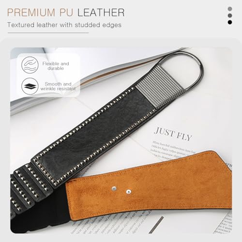 Wide Elastic Belt Women Punk Rivet Belt Oblique Hook Buckle Leather Waist Belt Retro Cinch Belt For Dress Shirt Coat3