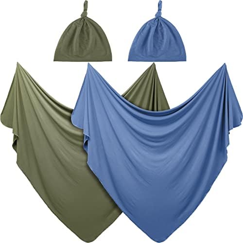 JaGely 2 Pcs Stretchy Baby Swaddle Blankets Set with Hats Extra Soft 47" x 47" Newborn Nursery Swaddle Wrap for Baby Girls and Boys(Blue, Army Green)