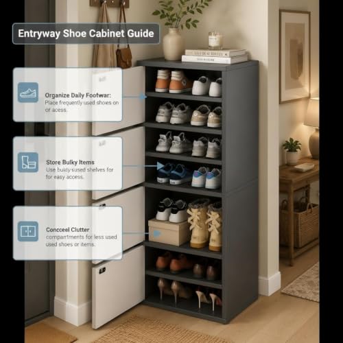 Image of Mevigo-Wooden Shoe Rack with 4-Door - Tall Shoe Cabinet with Doors, 9-Tier Freestanding Shoe Storage Organizer for Entryway, Engineered Wood Shoe Stand Cabinet, Space-Saving Narrow Shoe Rack Wooden