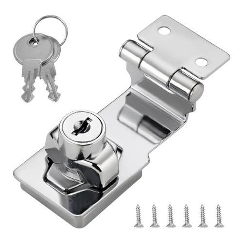 Image of EMVANV Keyed Hasp Lock, 90 Degrees Lock Hasp T-wist Knob Keyed Locking Hasp Safety Door Clasp for Small Doors Drawer and Cabinets(Silver)