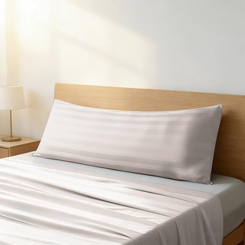 Image of 100% Egyptian Cotton Body Pillow Cover Long Pillow Case, 600 Thread Count Bed Pillow Protector with Zipper, Sateen Weave Full Body Pillowcase for Adults 20x54 Inches (1PC, Body, Striped Light Beige)