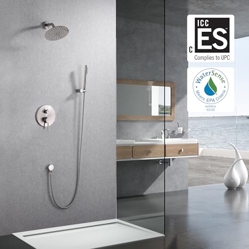 Image of SUMERAIN Wall Mounted Rainfall Shower System Brushed Nickel Shower Faucet Set with Handheld Sprayer and Valve