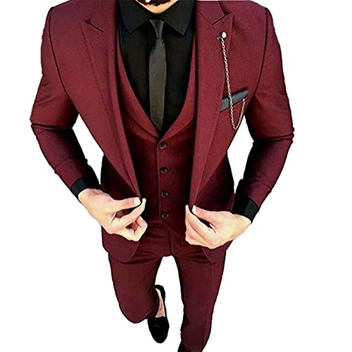 Mens Burgundy Tailored Wedding Peak Lapel Tuxedo Slim Fit Blazer Vest Tapered Pant 3-Pieces Suit2