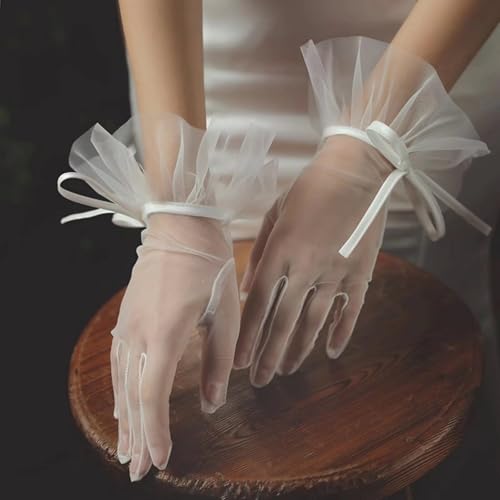 White Mesh Women's Elegant Lace Gloves Sheer Mesh Tea Party Gloves Ruffle Trim Bridal Gloves4