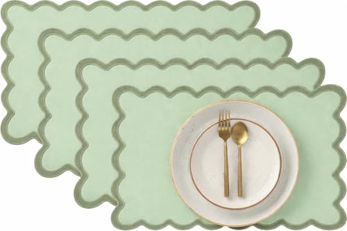 Folkulture Placemats Set of 4 (13 x 19) |100% Cotton, Green Cute Placemats for Dining Table Decor, Party Decorations | Scalloped Place Mats or Heat Resistant Table Mats by Folkulture - Used condition - US$16.76