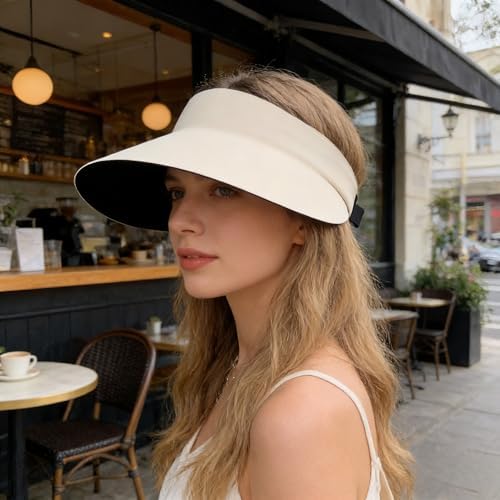 Women's Seamless One-Piece Sun Visor Hat UPF50+ UV Protection Foldable Wide Brim Sun Hat with Adjustable Headband for Summer, Beige, One Size - 3