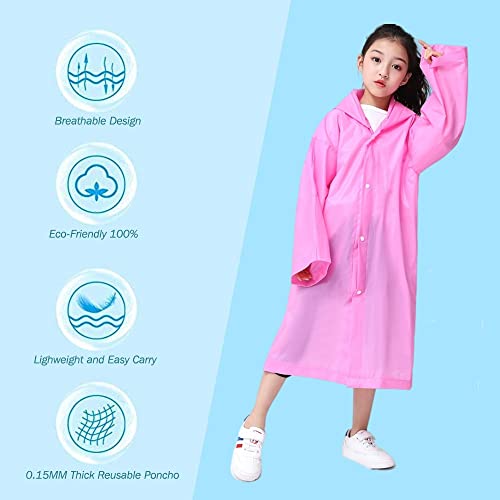 Raincoat Rain Poncho for Kids, 2-5 Pack Reusable EVA Rain Coats for 6-14 Boys Girls, Rain Jackets Gear with Hood3