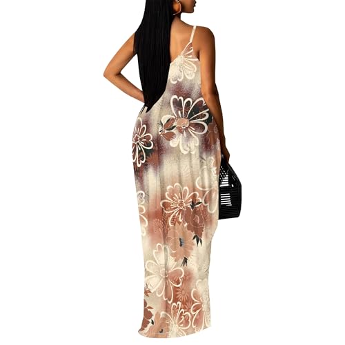 Image of Women's Summer Maxi Dress Spaghetti Strap Floral Boho Beach Long Sundress with Pockets