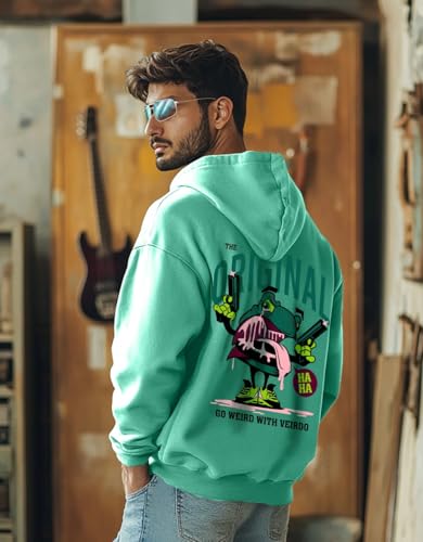 Image of Veirdo Cotton Fleece Regular Fit Hooded Sweatshirt Lastest Back Graphic Printed Winter Hoodies for Men (Available Colors: Marine Green, Marshmellow, Black, SOYA Bean, Orange & Blue)