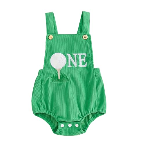 Bonangber First Birthday Outfit Boy 1St Birthday Outfit Boy Sleeveless Hole In One Golf Romper Overalls Bodysuit Cake Smash Outfits (A-Green,12-18 Months)