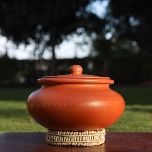 Swadeshi Blessings Unglazed Clay Pot for Cooking with Lid/Clay Cooking Pot/Earthen Pot/Clay Handi/Earthen Kadai/Curry, Biryani Pots & FREE ASH For Cleaning (4 Litres)