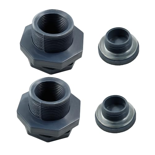 Image of 2pcs 1 Inch NPT1 PVC Bulkhead Fitting with Plugs | Plastic Water Tank Connector, Threaded Thru-Bulk Pipe Fittings, For Rain Barrels, Aquariums, Bucket, Hose Adapter