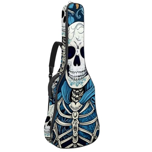 Housse guitare acoustique 105cm crâne fleur bleue en tissu Oxford