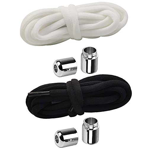 Autoau Lacets élastique lacets elastique enfant avec fermeture en métal Sans liaisons Lacets 2 Paires No Tie Lacets de Verrouillage en Silicone pour toutes les chaussures (noir + blanc)