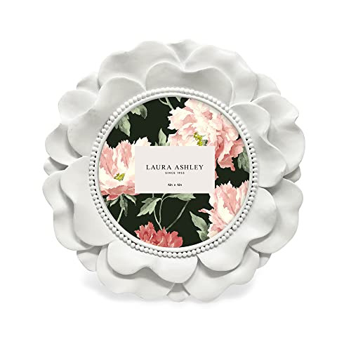 Laura Ashley 4X4 White Round Resin Ornate Flower Design Picture Frame With Beaded Border, For Tabletop And Wall Display, Floral Home Décor (White) #TOP1