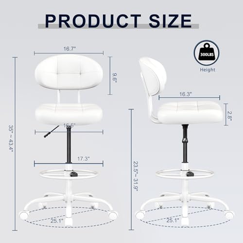 Image of Misolant Drafting Chair, Armless Tall Office Chair with Footrest Ring for Standing Desk, Small Faux Leather Executive Computer Chair with Adjustable Height for Bar Lab Counter Height Desk, White