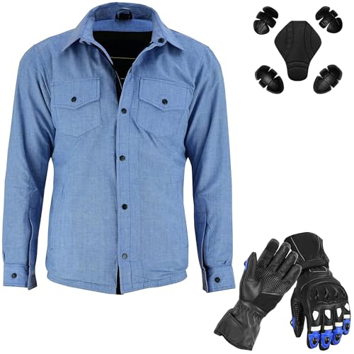 Vaster Moto Camisa de Motociclista para Hombre con protección de aramida y Armadura CE Forro de Kevlar Camisas de Seguridad Azul Cielo (FR/ES, Letras, S, Regular, Regular, Guantes Azules = XS)