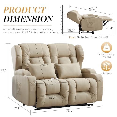 Image of Loveseat Recliner Sofa with DIY LED Lights,RV Wall Hugger Recliners for Small Spaces,Fabric Reclining Loveseat Sofa Recliner with Cup Holders /Lumbar Pillows,RV Furniture,Beige,56 inch 2-Seater with Light