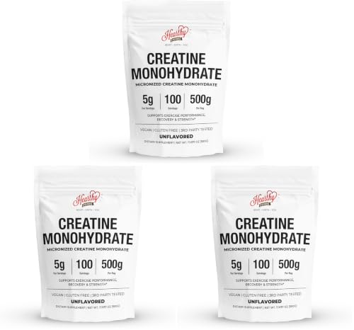 Image of HEARTHY FOODS Creatine Monohydrate Micronized Powder 500G - 100 Servings, 5000mg Per Serving (5g) - for Men & Women Muscle Growth & Recovery - UNFLAVORED (Pack of 3)