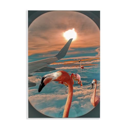 Flamingoes Airplane Window, 10 x 15 Inch Mounted Print on Wall Plaque