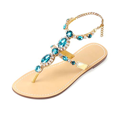 Image of ZhuLinFeng Women'S Rhinestone Gladiator Sandals Flat Wedding Sandals Gem Pearl Sparkling Bridal Bridesmaid Sandals Blue Bohemian Sandals