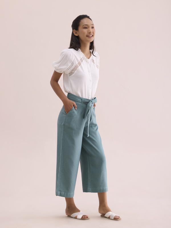 Image of GO COLORS Solid Linen Culottes for Women | High Rise, Side Pockets, Front tie-up