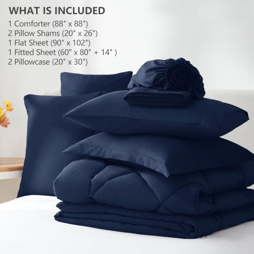 Image of CozyLux Queen Comforter Set Navy Blue - Bed in a Bag Queen Size 7 Pieces, Luxury Soft Bed Set for All Seasons, Bedding Set with Down Alternative Comforter, Sheets, Pillowcases & Shams