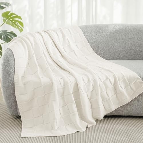 Whale Flotilla Manta Suave de Sofá, Manta de Punto Acrílico con Estampado de Cuadros, Ligera, Cálida para Cualquier Temporada, para Cama, 130 x 150 cm, Blanco