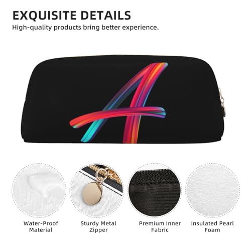 Image of Cute Initial Pencil Case for Kids Simple Leather Pencil Pouch for Boys Girls Letter Design Pencil Box Pen Bag Pencil Pouch Office Stationery Organizer, Rainbow Letter A