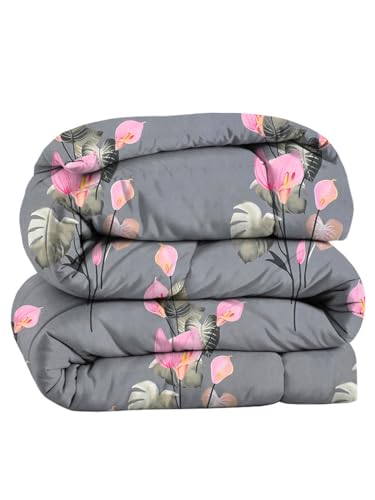 Image of HOMEKART 220 GSM Premium Reversible Microfiber AC Comforter for Single Bed | Soft, Lightweight & Breathable All-Season 3-Layer Quilted Blanket (150 cm x 225 cm, Floral, Grey and Pink)