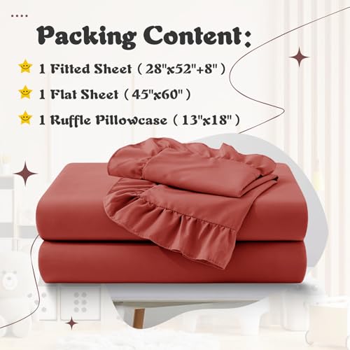 Image of KKJIAF 3 Piece Toddler Sheet Set Microfiber, Includes a Flat Sheet, a Fitted Sheet and a Ruffle Pillowcase, Rust Red