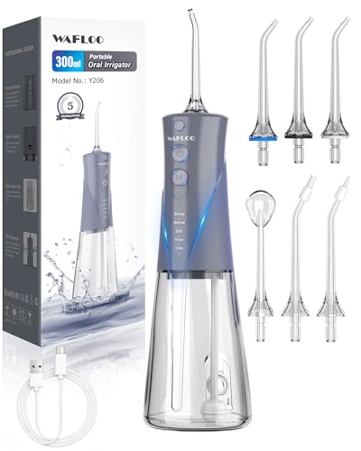 WAFLOO Flosser de agua portátil – Irrigador oral recargable (depósito de 300 ml, 5 modos de limpieza + 6 boquillas) – Compacto para el cuidado dental en casa y de viaje