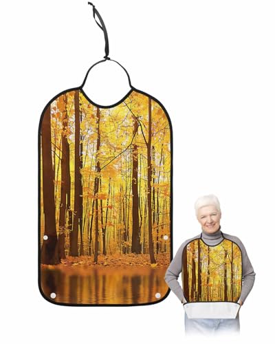 Onekaccu Fall Yellow Forest Adult Bibs for Elderly Women Men Washable Bibs for Eating, Abstract Autumn Pine Tree Natural Landscape Waterproof Clothing Protectors Adult Bibs with Crumb Catcher