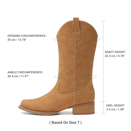 Image of DREAM PAIRS Women's Square Toe Cowboy Cowgirl Boots Pull On Low Chunky Heel Mid Calf Western Boots with Embroidered Stitched for Theme Party Country Concert