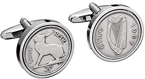 Worldcoincufflinks - Cufflinks - Rhodium plated - 1967 - Lucky Irish Threepence Coin Cufflinks - 53rd Birthday Cufflinks