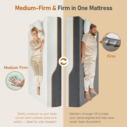 Image of Firm Queen Mattress Dual Firmness: 2 Bonus Pillows, Medium Firm & Firm | Double Sleep Flippable Memory Foam for Back Pain Relief, Washable Cool Cover, CertiPUR-US Oeko-Tex Certified 80x60x12 Inch