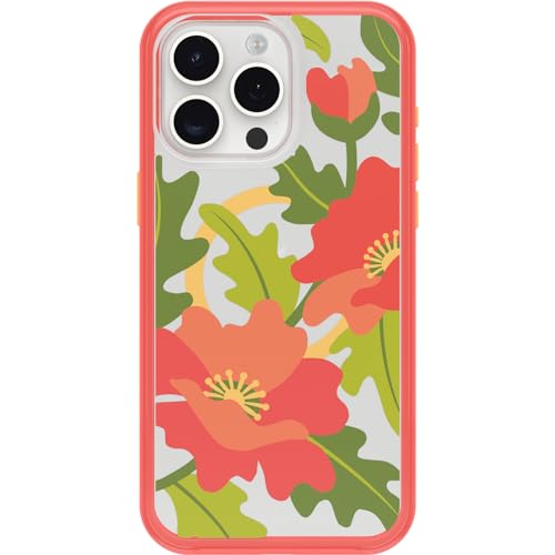 Image of OtterBox iPhone 15 Pro MAX (Only) Symmetry Series Clear Case - QUILTED POPPIES (Red), snaps to MagSafe, ultra-sleek, raised edges protect camera & screen