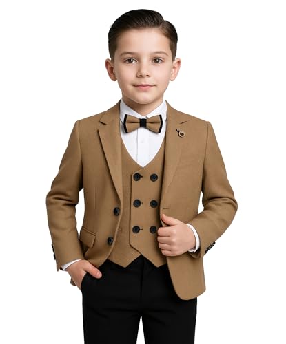 Costume garçon 5 pièces coupe slim texturée marron camel haut de gamme SIRRI