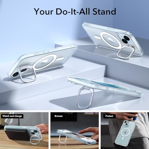 Image of ESR for iPhone 15 Plus Case, Compatible with MagSafe, Military-Grade Protective Case, Built-in Stash Stand Phone Case, Scratch-Resistant Back Cover, Classic Series, Clear Blue