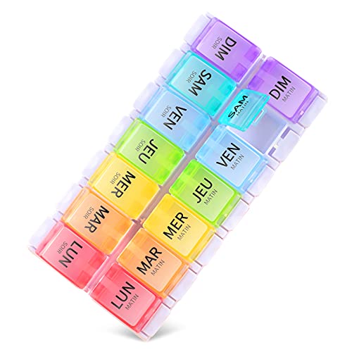 Opret Pilulier Semainier Français 7 Jours Matin et Soir, Boîte à Pilules 14 Compartiments une Boîte à Médicaments au Design Unique Facile à Ouvrir Colorée Cover